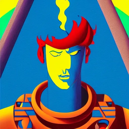 Image similar to ultra realistic portrait of captain planet in a studio, ultra detailed, under blue, red and yellow cinematic lighting, salvador dali, cartoon, monument valley, escher