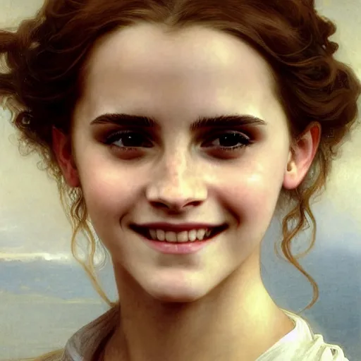 Image similar to Painting of Emma Watson as Hermione Granger. Smiling. Happy. Cheerful. Art by william adolphe bouguereau. Extremely detailed. Extreme close up. Beautiful. 4K. Award winning.