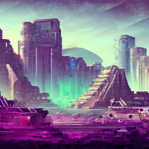 Image similar to ancient ruins in the desert,cyberpunk,retrowave art,trending on art station