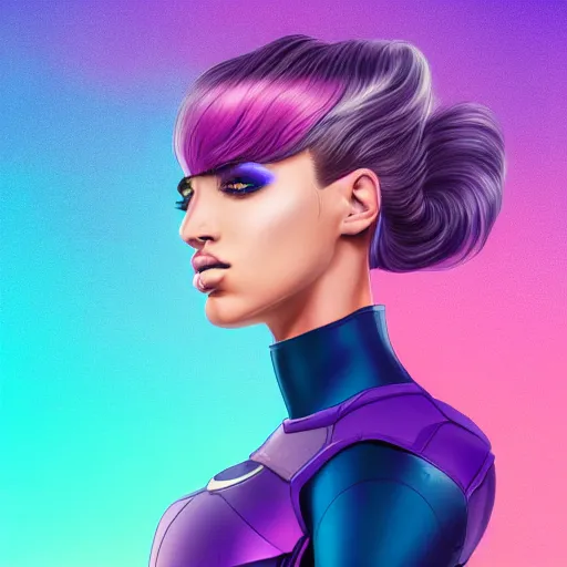 Image similar to a stunning upper body portrait of a beautiful young woman wearing futuristic navy blue and teal battle bodyarmor with shoulder pads, ombre purple and pink hairstyle, hair blowing in the wind, by marvel comics, digital art, trending on artstation