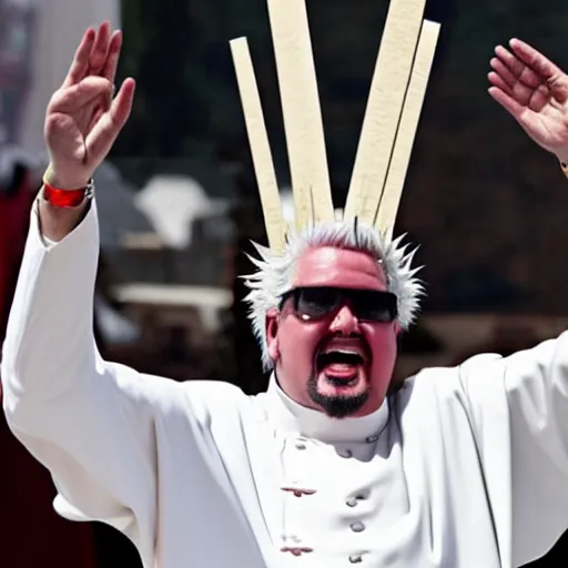 Image similar to guy fieri dressed as the pope, giving a speech in front of millions