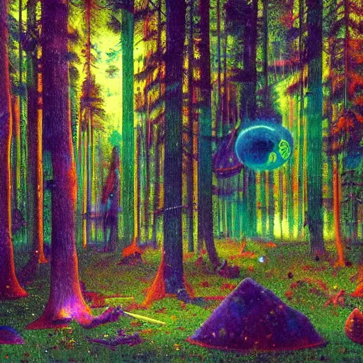 Image similar to psychedelic morning in the middle of the day lush pine forest, outer space, milky way, designed by arnold bocklin, jules bastien - lepage, tarsila do amaral, wayne barlowe and gustave baumann, cheval michael, trending on artstation, star, sharp focus, colorful refracted sparkles and lines, soft light, 8 k 4 k