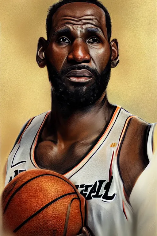 Prompt: male cottagecore nba LeBron Raymone James Sr holding a basketball, intricate, swagger, highly detailed, digital painting, artstation, concept art, smooth, sharp, focus, illustration, art by artgerm and greg rutkowski and alphonse mucha