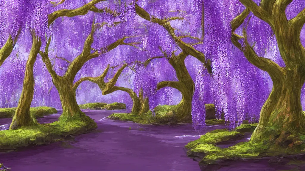 Image similar to wisteria forest with a narrow rocky purple river flowing through it. digital painting. trending on artstation.