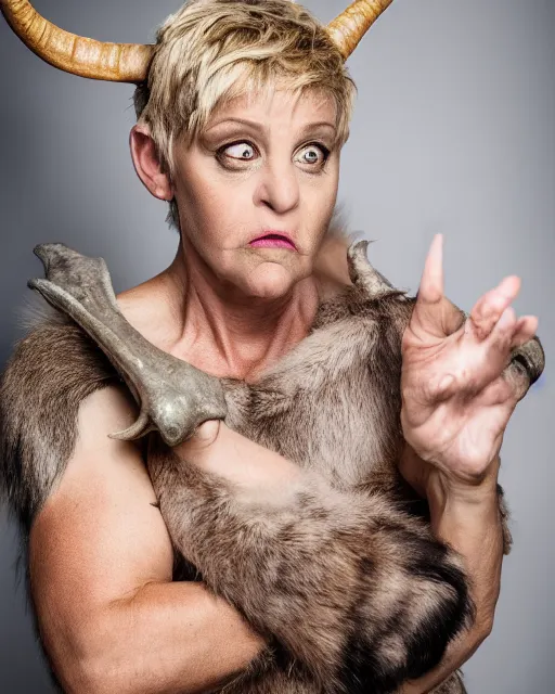 Image similar to headshot of satyr looking angry ellen degeneres with yellow goat like eyes, goat horns, and large goat ears, studio lighting, 8 k, photo shoot, 9 inch kershaw soft focus lens f / 5. 6