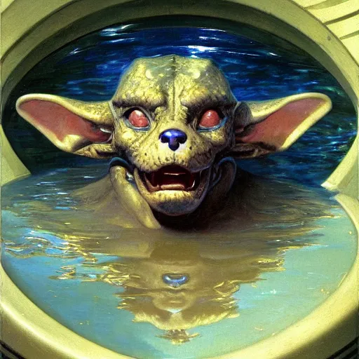 Prompt: a portrait of a furry alien human hybrid in the pool. highly detailed painting by gaston bussiere, craig mullins, j. c. leyendecker, furry