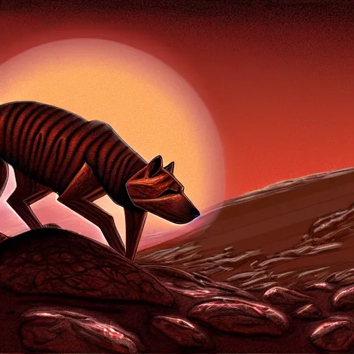 Prompt: Cybernetic Tan Metal Thylacine Exploring Mars, Digital Painting