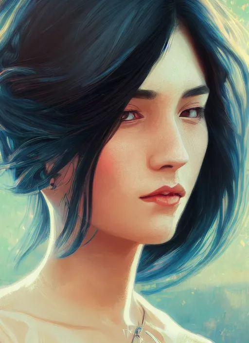 Prompt: handsome young women with shoulder length black hair, half body shot, path traced, highly detailed, high quality, digital painting, alena aenami, lilia alvarado, shinji aramaki, karol bak, alphonse mucha, tom bagshaw, hd, 8 k