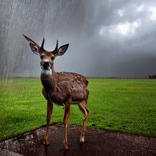 Image similar to 4 k hdr wide angle detailed portrait of a deer soaking wet standing in the rain showers during a storm with thunder clouds overhead and moody stormy lighting sony a 7