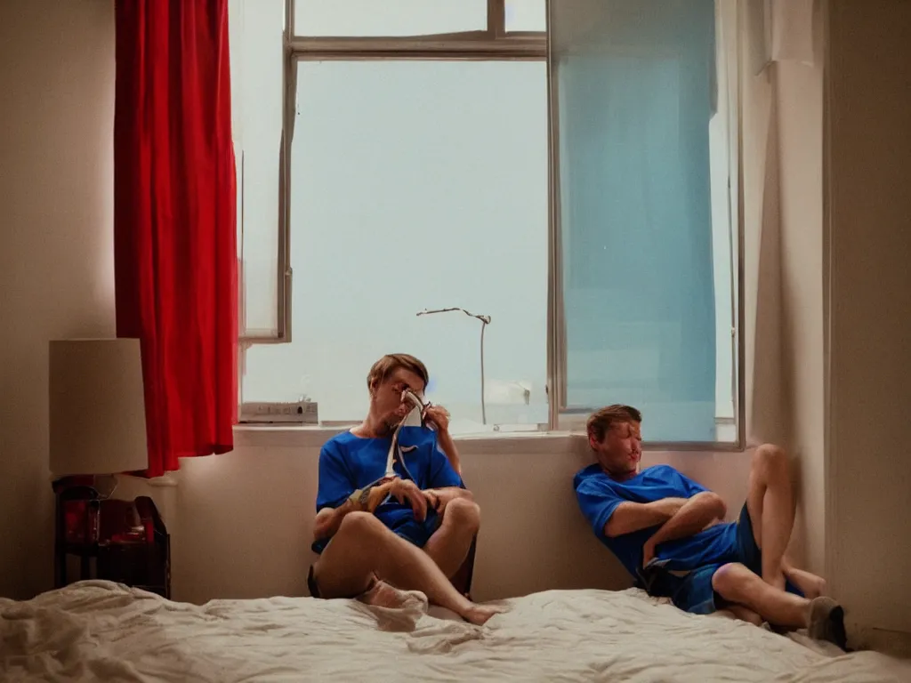 Image similar to single man sitting by the window, smoking a cigarette, blue shorts, red adidas shirt, bedroom, small fan, night, dimly lit, in the style of wes anderson, no double figure