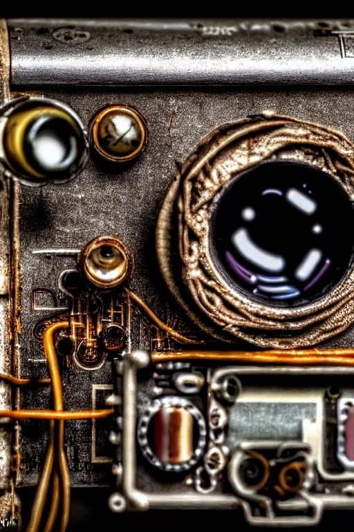 Image similar to A photo of a very old opened camera with film, vacuum tubes, capacitors and coils inside by Richard Kuiper and Steve McCurry, grungy, weathered Ultra detailed, hyper realistic, 4k