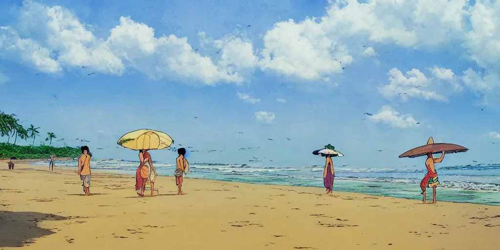 Prompt: sri lankan beach, drawn by hayao miyazaki