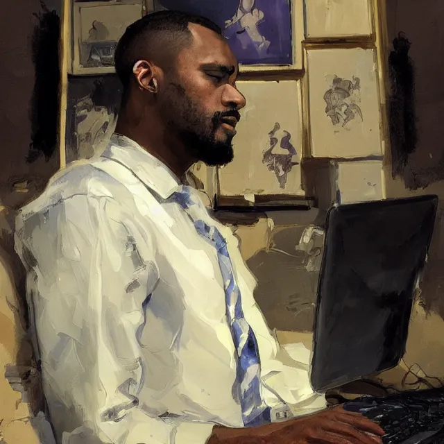 Prompt: a lightskinned black man with short hair, shaved beard, using a macbook, portrait, elegant, intricate, digital painting, artstation, concept art, smooth, sharp focus, illustration, art by konstantin korovin and daniel f. gerhartz and john howe