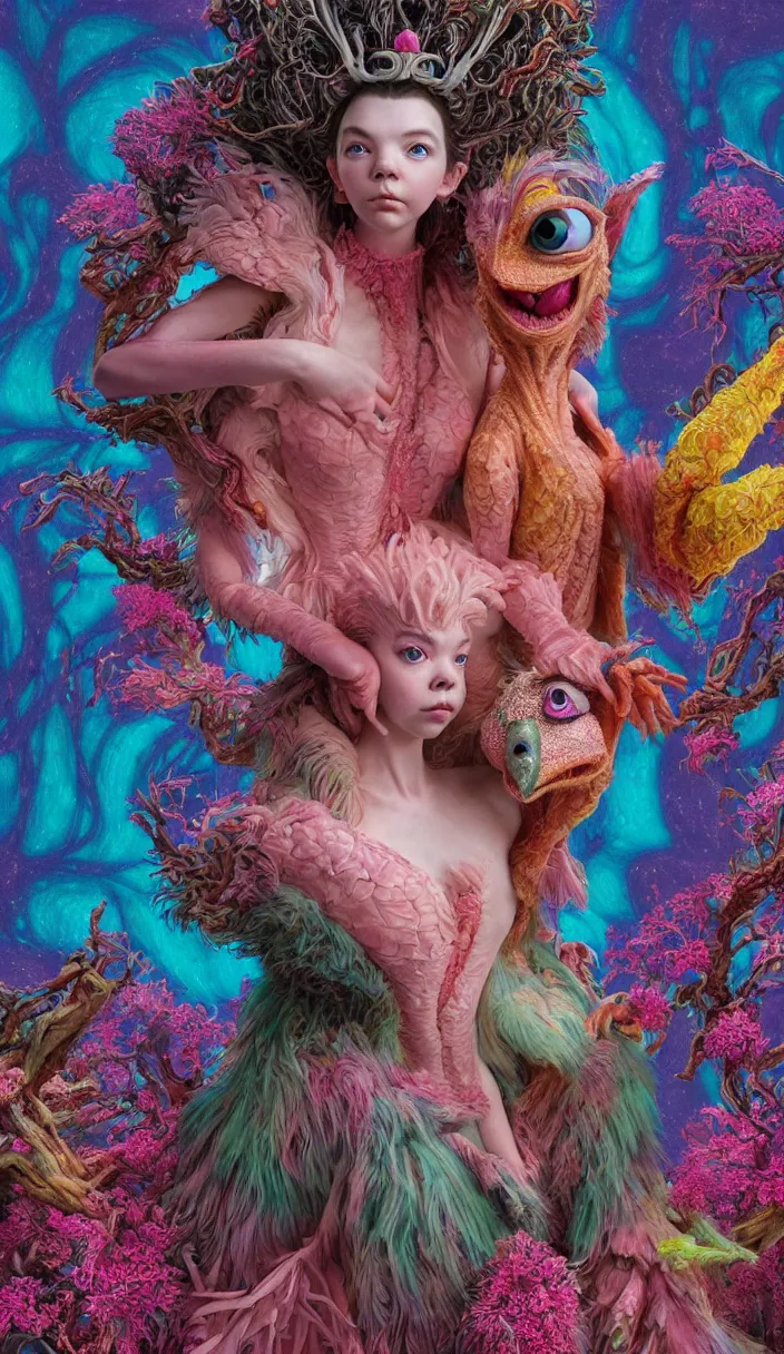 Image similar to hyper detailed 3d render like a Oil painting - kawaii portrait of two Aurora (a beautiful skeksis muppet fae queen from dark crystal that looks like Anya Taylor-Joy) seen red carpet photoshoot in UVIVF posing in scaly dress to Eat of the Strangling network of yellowcake aerochrome and milky Fruit and His delicate Hands hold of gossamer polyp blossoms bring iridescent fungal flowers whose spores black the foolish stars by Jacek Yerka, Ilya Kuvshinov, Mariusz Lewandowski, Houdini algorithmic generative render, Abstract brush strokes, Masterpiece, Edward Hopper and James Gilleard, Zdzislaw Beksinski, Mark Ryden, Wolfgang Lettl, hints of Yayoi Kasuma and Dr. Seuss, octane render, 8k