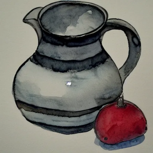 Prompt: black and white jug in the style of watercolor, pen and ink