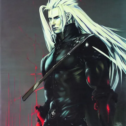 Image similar to a painting of sephiroth by yoji shinkawa, metal gear solid artwork, strong lines and bold colors, limited color palette, atmosphere and tension, japanese, trending on artstation