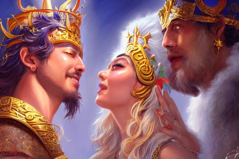 Image similar to close up moment of a divine a sun god and a moon goddess lovers magician at a wedding banquet, highly detailed, d & d, fantasy, highly detailed, digital painting, trending on artstation, concept art, sharp focus, illustration, art by artgerm and daniel gerhartz and magali villeneuve