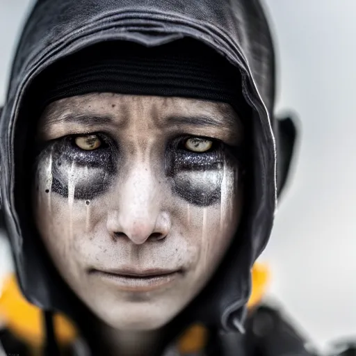 Image similar to photographic portrait of a poor techwear woman with tears in her eyes, closeup, sigma 85mm f/1.4, 4k, depth of field, high resolution, 4k, 8k, hd, full color