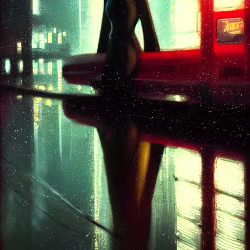 Image similar to detailed portrait of a woman, moment, cyberpunk elevated train, electronic billboards, tech noir, wet reflections, atmospheric, ambient, livia prima, greg rutkowski, edward hopper, pj crook