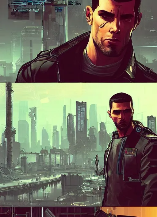 Image similar to Handsome Javier. good looking cyberpunk fitness dude. attractive face. Realistic Proportions. Concept art by James Gurney and Laurie Greasley. Moody Industrial skyline. ArtstationHQ. Creative character design for cyberpunk 2077.