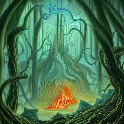 Prompt: a beautiful matte painting of an eldritch horror emerging out of an evil flaming and smoking portal into a lush forest, art by kelly freas and joe sorren, f 1 6, trending on artstation