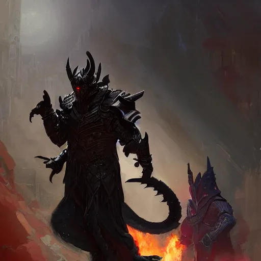 Image similar to digital art painting of and an anthropomorphic black dragon wearing armored wizard robes, dnd portrait painted by craig mullins and gaston bussiere and greg rutkowski