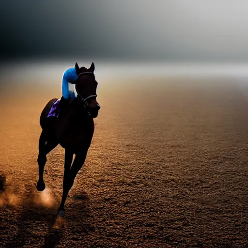 Image similar to close up front view of dense fog at a horse racing track. a glistening stallion ( ridden by a jockey in colorful outfit ) suddenly emerges from the fog head first, galloping extremely hard to win a race. professional, digital art, photorealistic, cinematic.