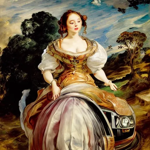 Image similar to heavenly summer sharp land sphere scallop well dressed lady standing next to a honda civic, auslese, by peter paul rubens and eugene delacroix and karol bak, hyperrealism, digital illustration, fauvist, standing next to a honda civic