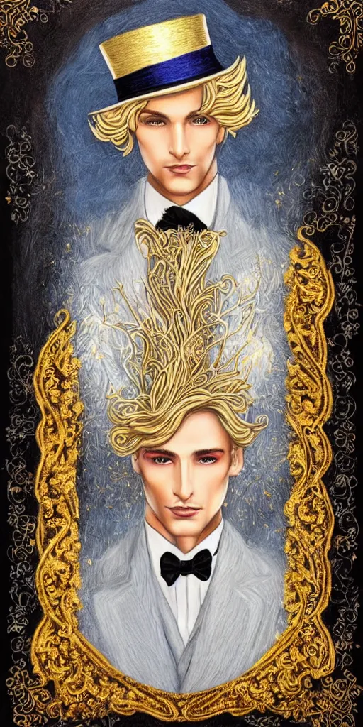 Image similar to beautiful detailed acrylic painting mystical mentalist man, has blond hair and a top hat. Wearing embroidered noble clothes. Heterochroma eyes. A small book with gold filigree in hand. Renaissance. Fantasy.