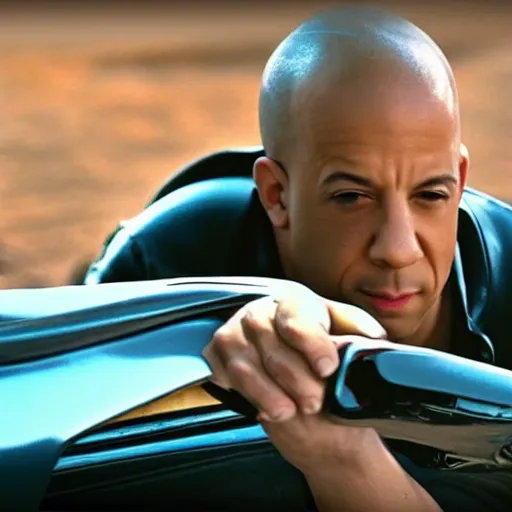 Image similar to vin diesel riding a toy car, action movie, movie scene, hd, 8 k, cinematic, car chase