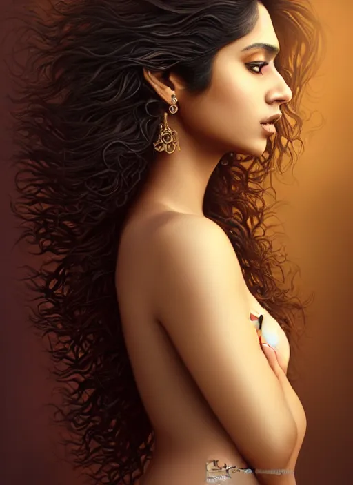 Prompt: a beautiful half body portrait, dark background, gorgeous fantasy south asian brown traditional woman, professionally retouched, soft studio lighting, realistic, smooth face, gorgeous eyes, curly hair, wide angle, sharp focus on the eyes, 8 k high definition, insanely detailed, intricate, elegant, gorgeous, art by artgerm and wlop