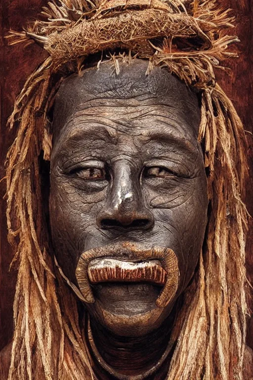 Prompt: portrait, headshot, digital painting, an old witchdoctor in african benin wooden painted ritual mask, realistic, hyperdetailed, chiaroscuro, concept art, art by frans hals