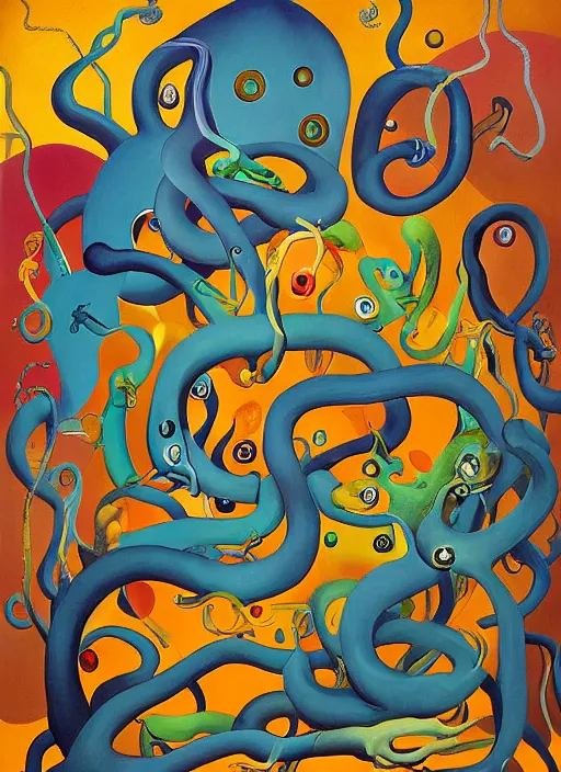 Prompt: a painting of a group of people surrounded by tentacles, a surrealist painting by desmond morris, cg society, pop surrealism, lovecraftian, cosmic horror, surrealist