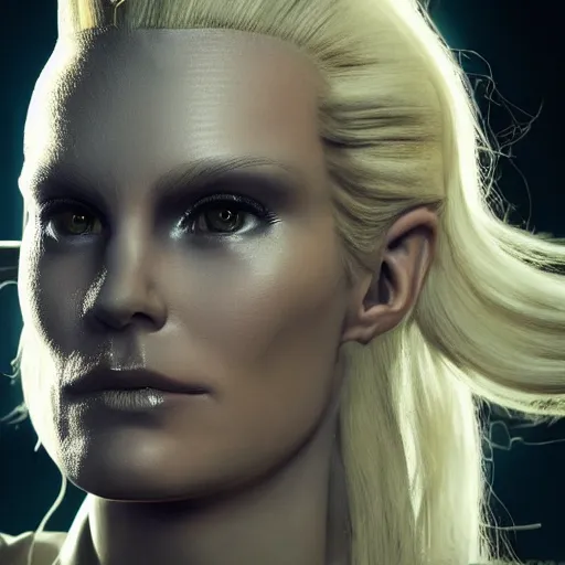 Image similar to wide angle shot of a very pretty blond borg queen on a borg ship, cybernetic implants, perfect face, symmetrical face, moody lighting, shallow depth of field, 8 k, ultra realistic,