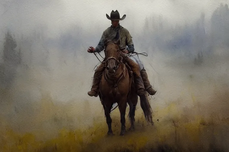 Prompt: watercolor painting of western cowboy with lasso overlooking scandinavian bog, reflective, fog, ambient lighting, art by anders zorn, wonderful masterpiece by greg rutkowski, cinematic light, american romanticism by greg manchess, creation by tyler edlin, mockup watercolor sketch with bold brushstrokes, smudged and smeared paint, white border edge, white paper corners