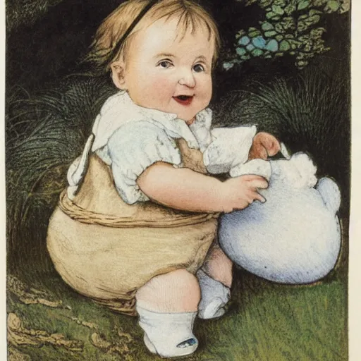 Image similar to candid portrait of baby faced white ball smiling wide, surrounded by clouds, illustrated by peggy fortnum and beatrix potter and sir john tenniel