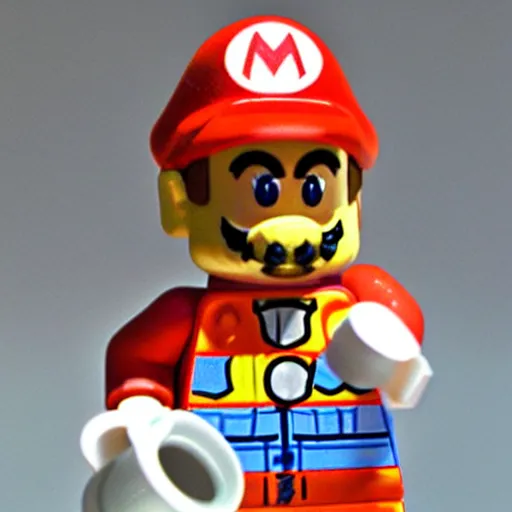 Prompt: a photo of realistic plumber mario with yoshi as lego mini figures