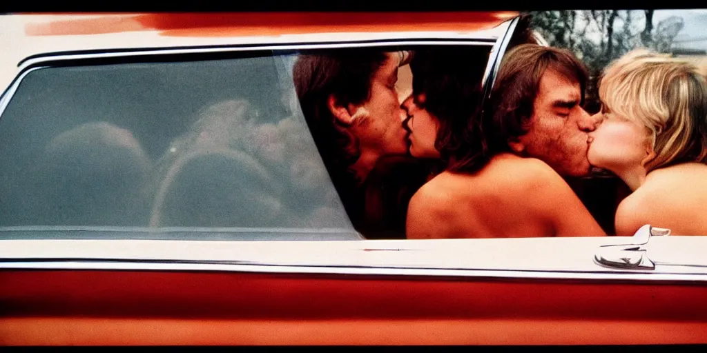 Image similar to 1 9 7 0 s car window closeup, young man and woman kissing in the back seat, coloured film photography, elliott erwitt photography