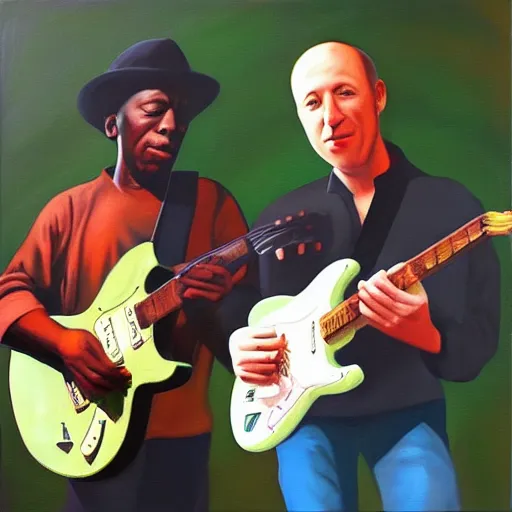 Image similar to “Young Mark Knopfler playing guitar with Buddy Guy, oil painting, 4k”