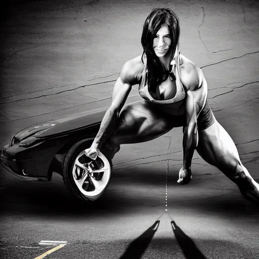 Image similar to car, bodybuilder, woman, holding, road, photo, digital art, hands, underbody, tire, standing, side