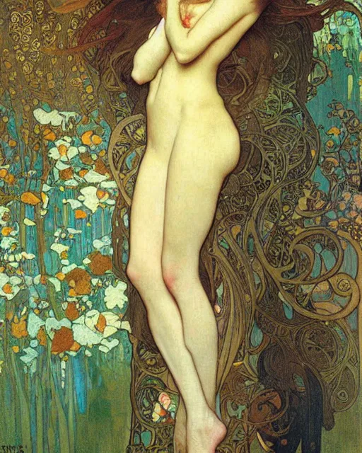 Image similar to an elf princess by Alphonse Mucha, Gustav Klimt and edgar maxence