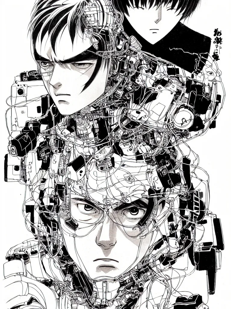 Image similar to prompt: Fragile looking portrait, portrait face drawn by Katsuhiro Otomo, accurate full body character drawing, inspired by Evangeleon and Akira 1988, cyborg and wire details, clean ink detailed line drawing, intricate detail, manga 1990, golden ration composition