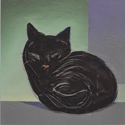 Prompt: an oil painting of a cute fat black cat sleeping in the style of gehry and gaudi