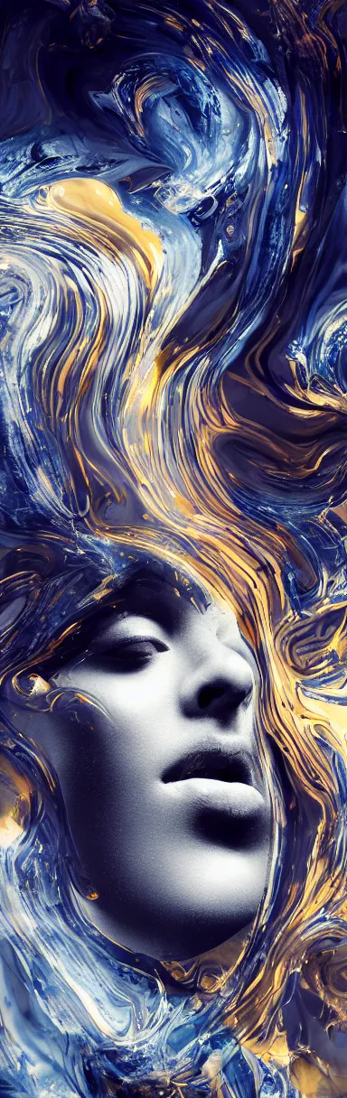 Image similar to epic illustration, abstract sculpture of beautiful female face silhouette and black swirling liquifying acrylic portrait, fluffy clouds, mechanical superstructure, sacred geometry, glowing edges, golden hour, beautiful light, sculpture of carving marble, dark colors, dark mood, one point light, golden spirals, clockwork, epic matte painting, concept art, bokeh, digital painting