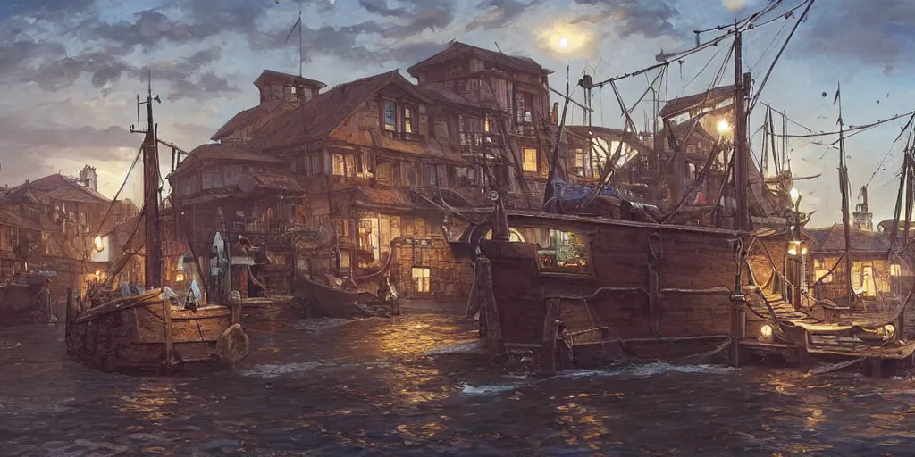 Image similar to empty medieval port town docks lively dockside tavern with a sort of ship theme, pokemon sword and sheild, bright future, social realism, highly detailed, digital painting, artstation, concept art, matte, sharp focus, illustration, art by artgerm and greg rutkowski and alphonse mucha