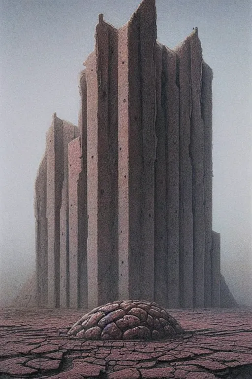 Image similar to brutalist architecture on mars, by zdzislaw beksinski, by dariusz zawadzki, by wayne barlowe, gothic, surrealism, cosmic horror, lovecraftian, cold hue's, warm tone gradient background, concept art, beautiful composition