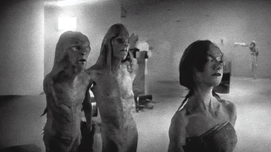 Prompt: movie scene of a girl and a draconian humanoid, reptil, reptilian, movie still, cinematic composition, cinematic light, criterion collection, reimagined by industrial light and magic, Movie by Andrzej Żuławski