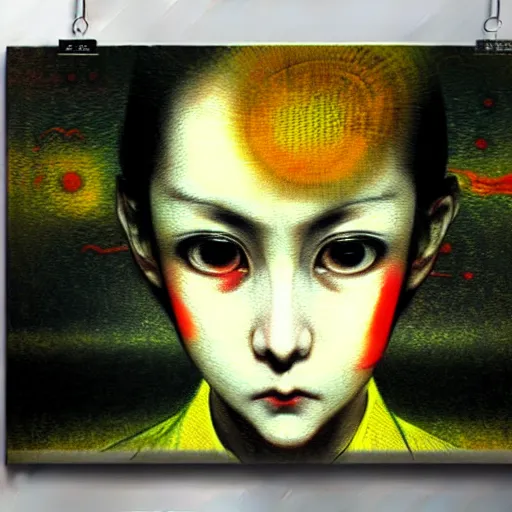 Image similar to yoshitaka amano blurred and dreamy realistic three quarter angle horror portrait of a sinister young woman with short hair and yellow eyes wearing office suit with tie, junji ito abstract patterns in the background, satoshi kon anime, noisy film grain effect, highly detailed, renaissance oil painting, weird portrait angle, blurred lost edges