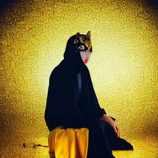 Image similar to japanese female black balaclava mask with golden necklace and open kimono, photo portrait, beautiful female model, tokyosky, female sitting on skyscreapper, rain, city neon light, bokeh, long exposure, kodak promax 4 0 0, sony lens, golden fractals and dmt