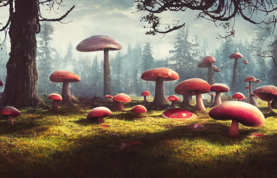 Image similar to A realistic painting of a vintage turntable, with giant psychedelic mushrooms growing out of it, in a post apocalyptic setting, ghibli, unreal 5, DAZ, hyperrealistic, octane render, RPG portrait, dynamic lighting